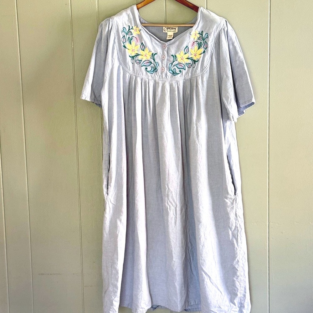 Vtg Expressions Blue Cotton Embroidered Floral House Dress Muumuu Plus Size 1X